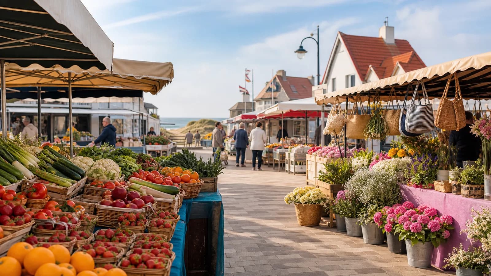 Marché de Stella-Plage avec stands de producteurs et fleurs