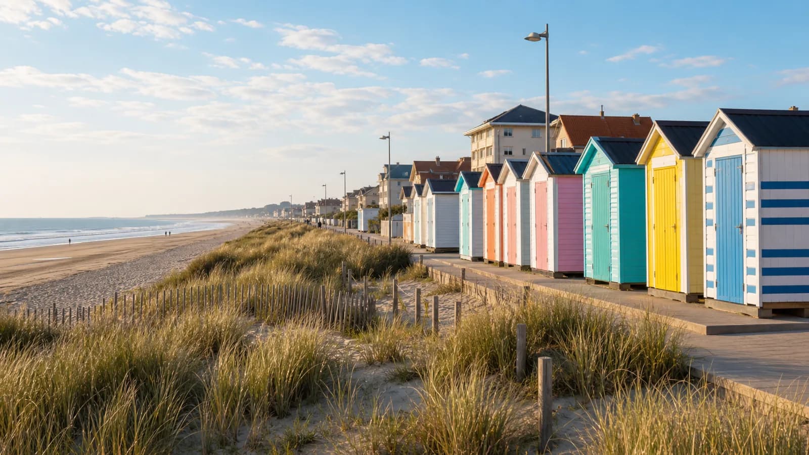 Cabines de plage colorées sur le front de mer de Stella-Plage